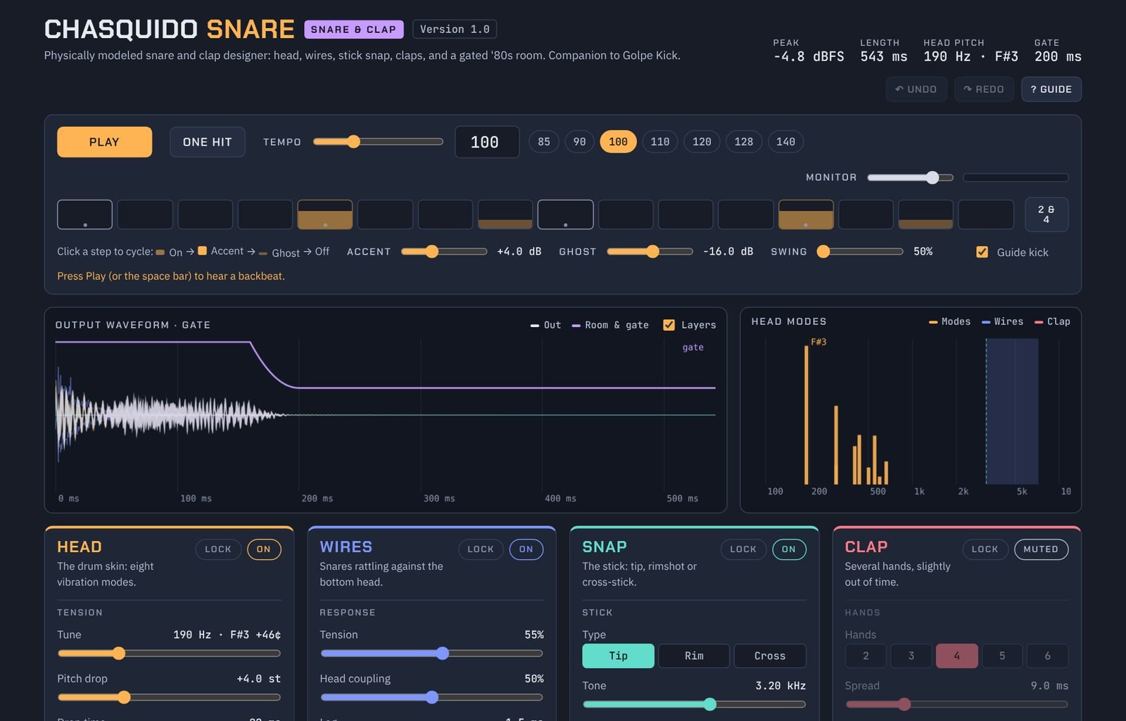 Chasquido's interface: Physically modeled snare and clap