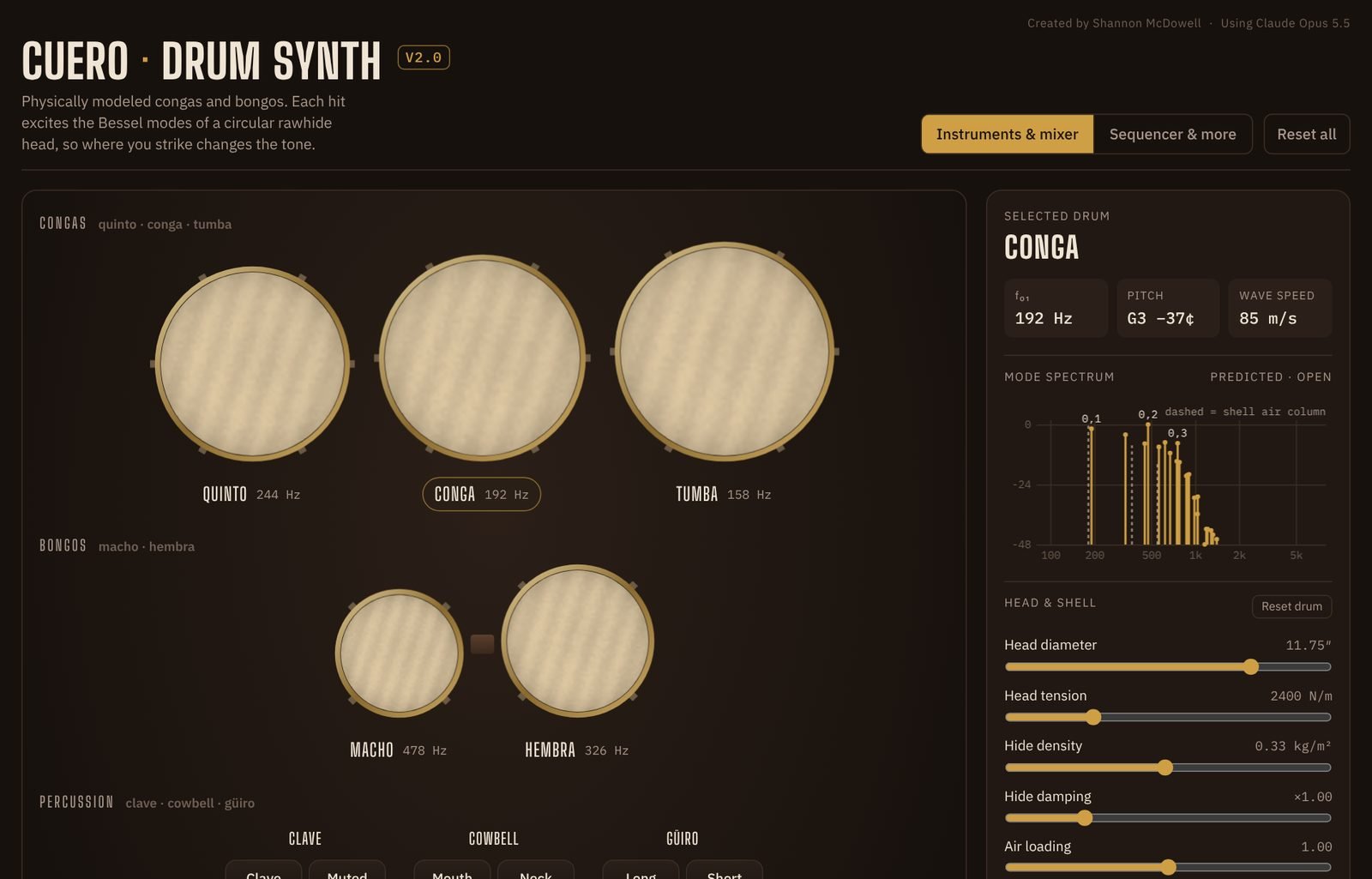 Cuero's interface: Physically modeled congas and bongos
