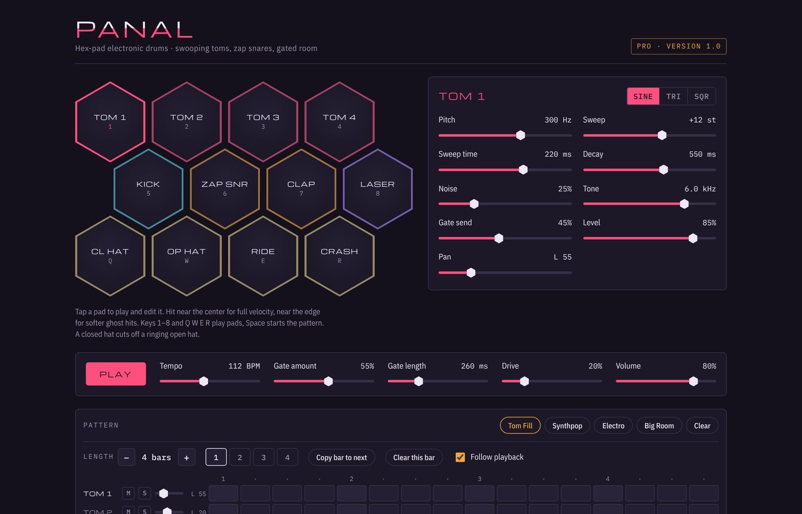 Panal's interface: Early-'80s hex-pad electronic drums