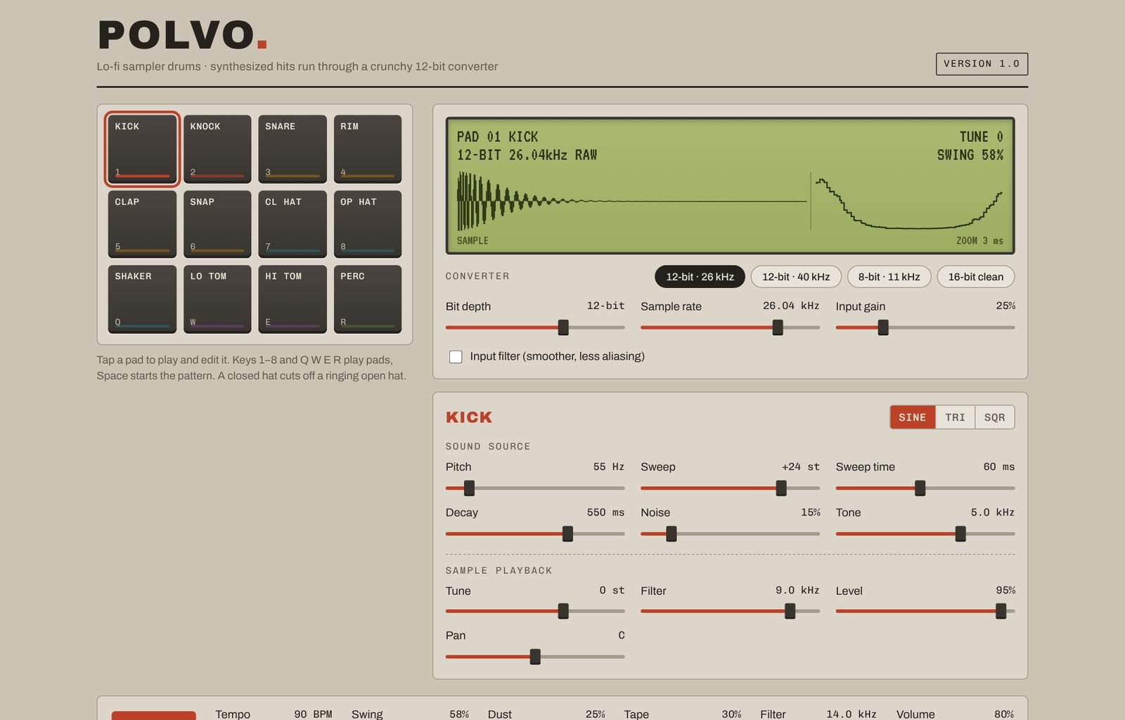 Polvo's interface: 12-bit lo-fi drum machine